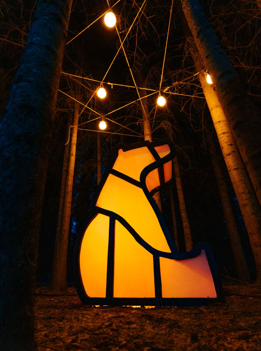A light up bear in amongst Christmas lights at In Search of Christmas Spirit in Banff National Park.